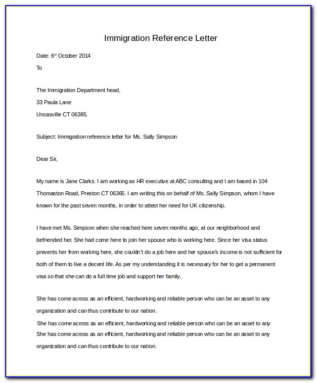Character Reference Letter For Immigration From Employer