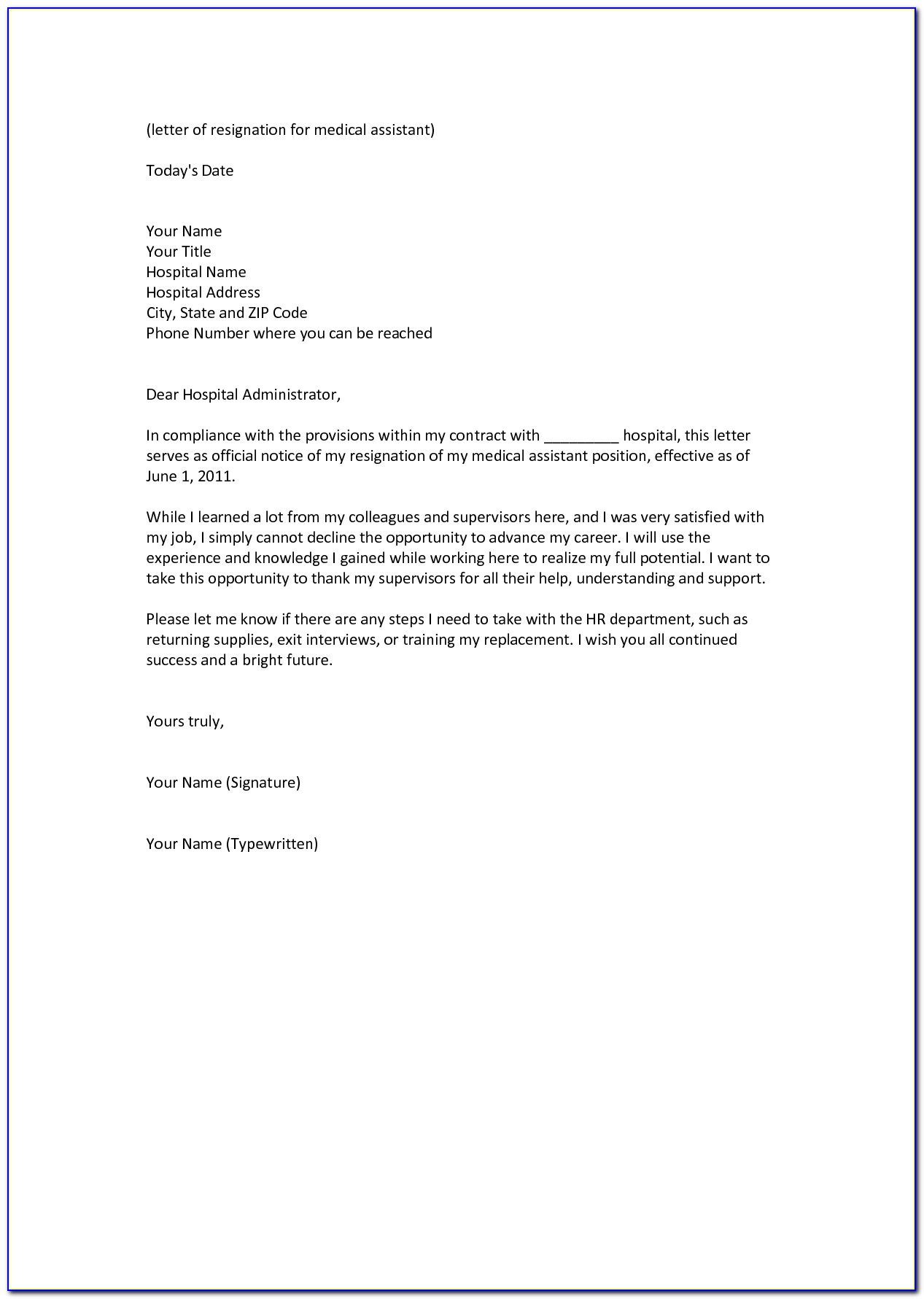 Cna Hospital Resignation Letter