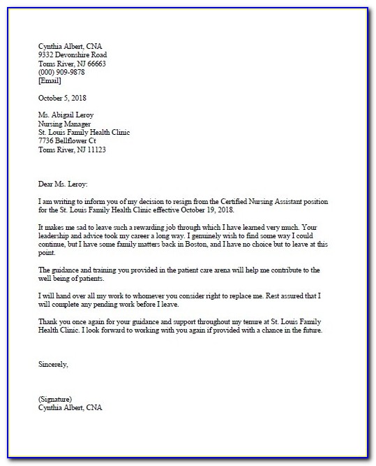 Cna Resignation Letter Example