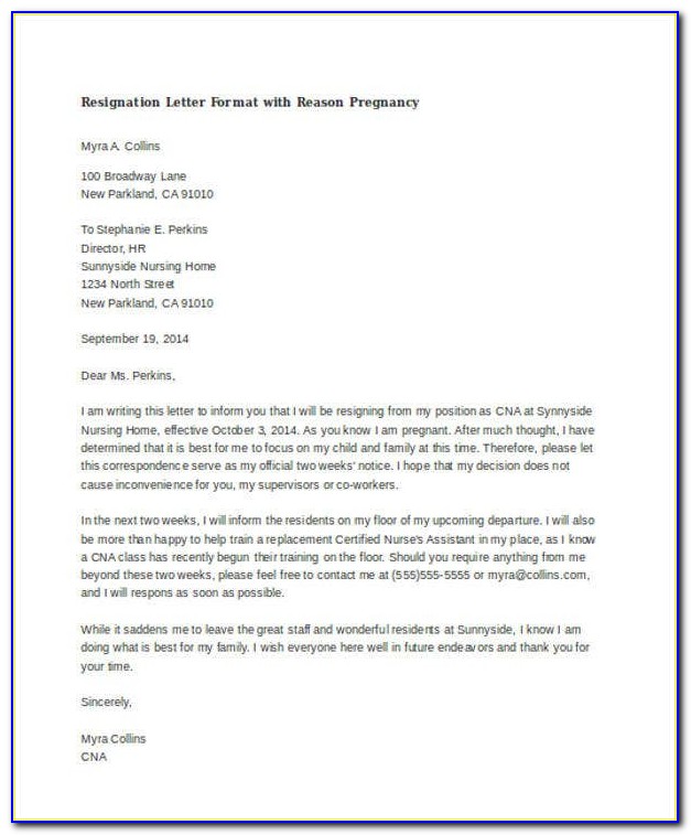 Cna Resignation Letter Template