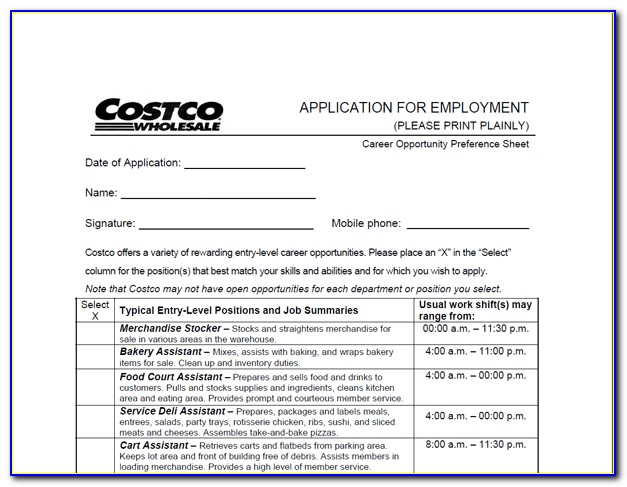 Costco Warehouse Employment Application