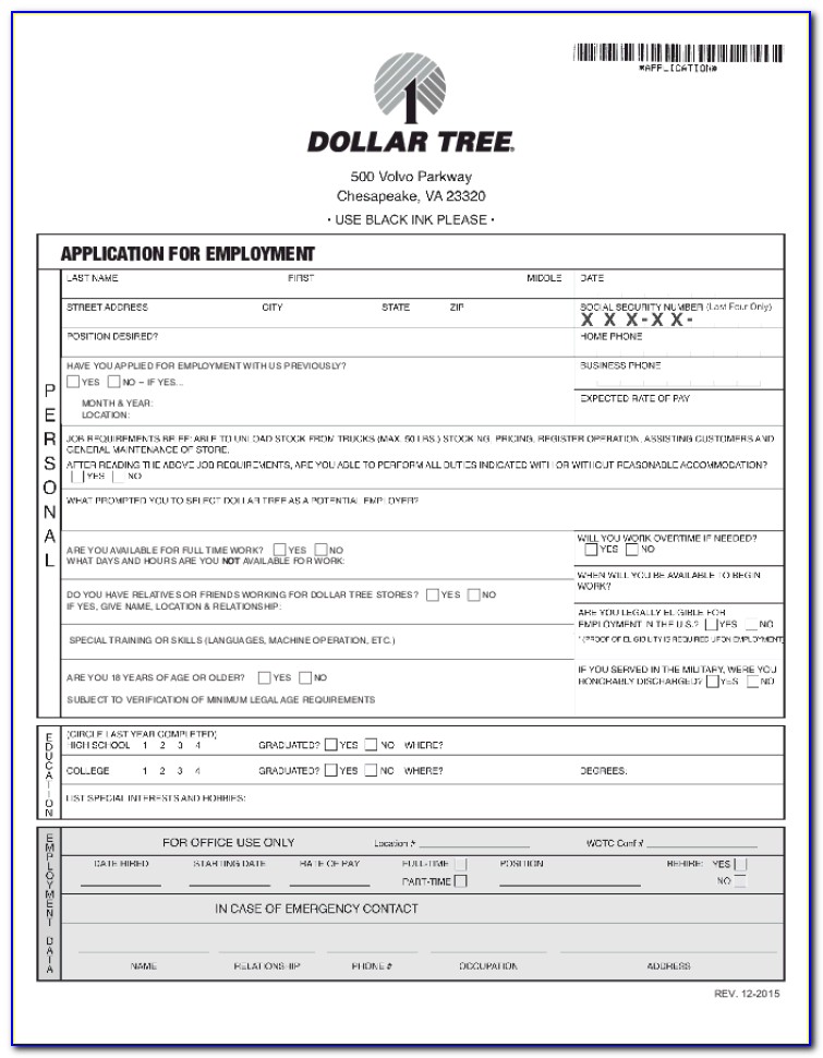 Dollar Tree Job Application Form Online Pdf