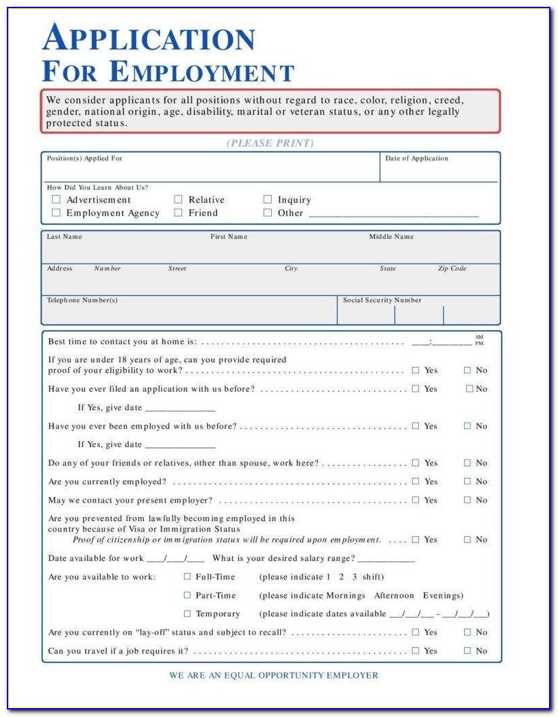 Employment Application Form Template Free