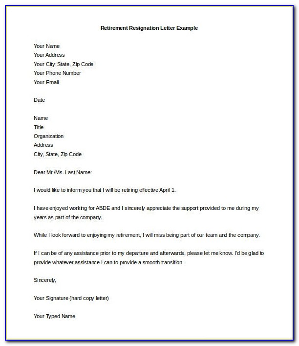 Example Retirement Resignation Letter