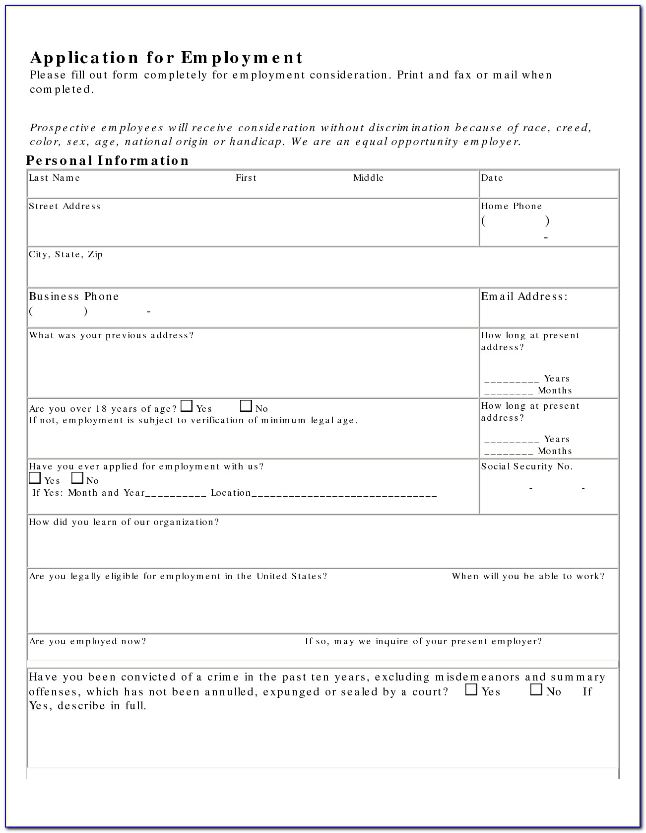 Free Job Application Forms Printable