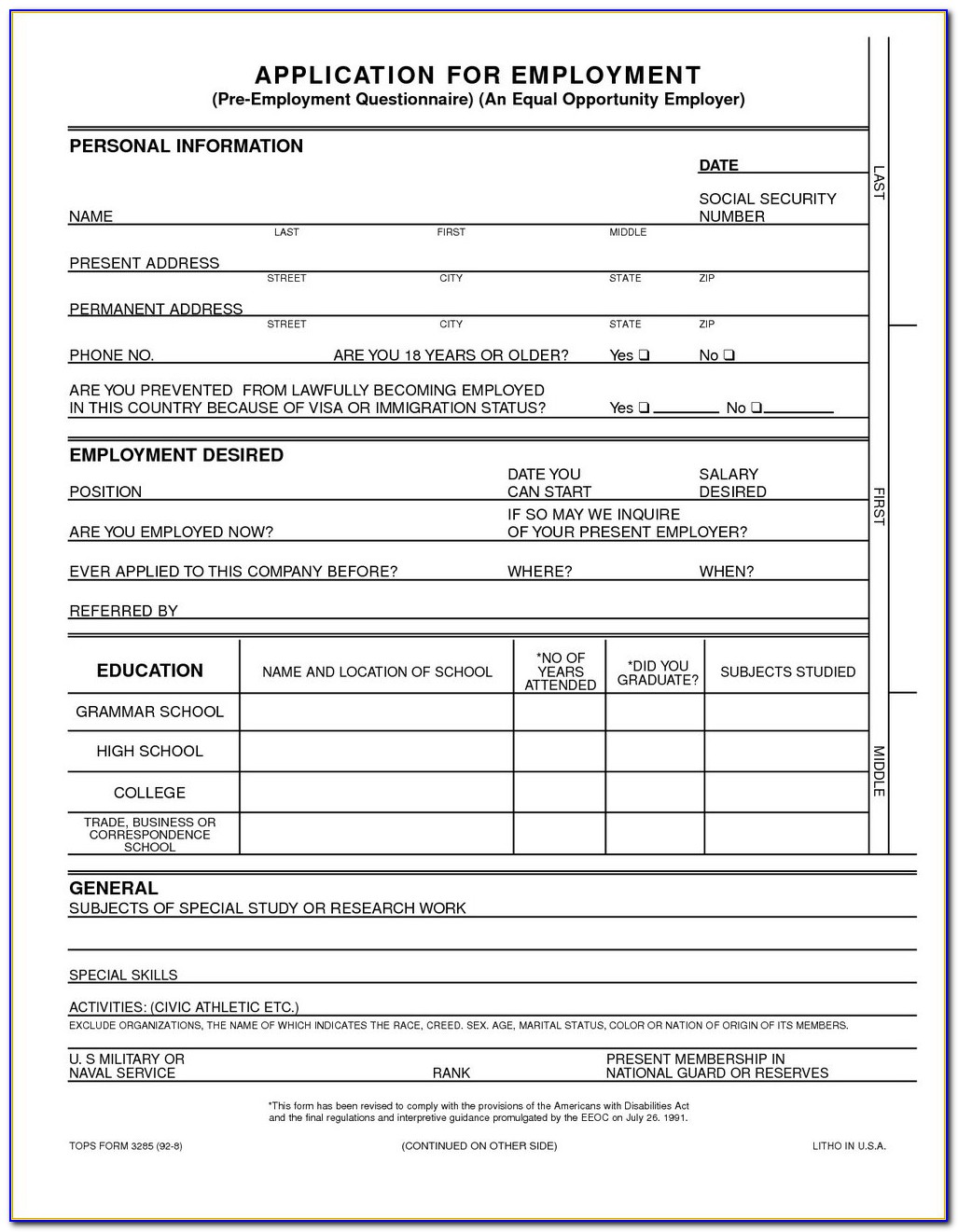 Free Printable Generic Job Application Form