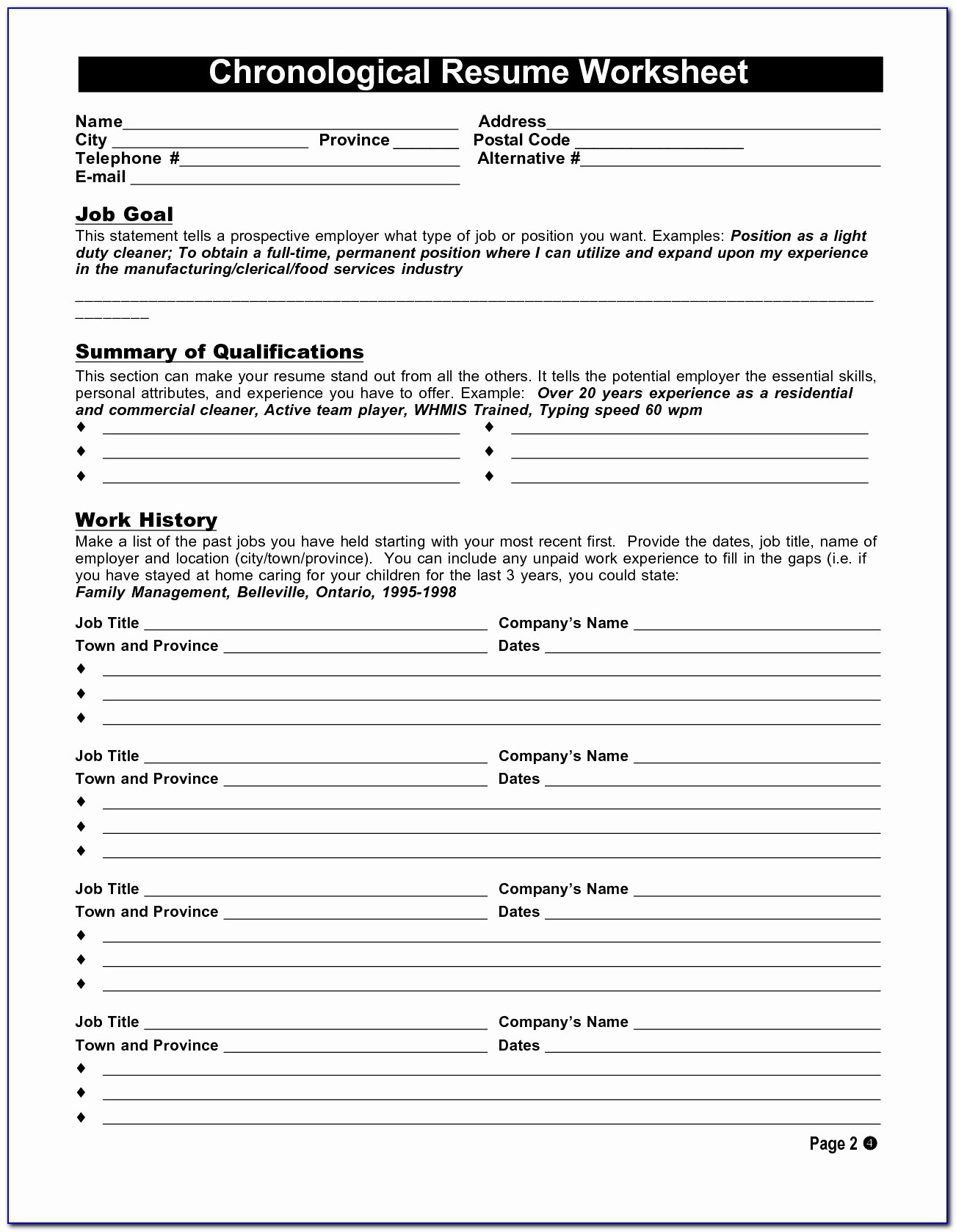 Free Printable Resume Worksheet