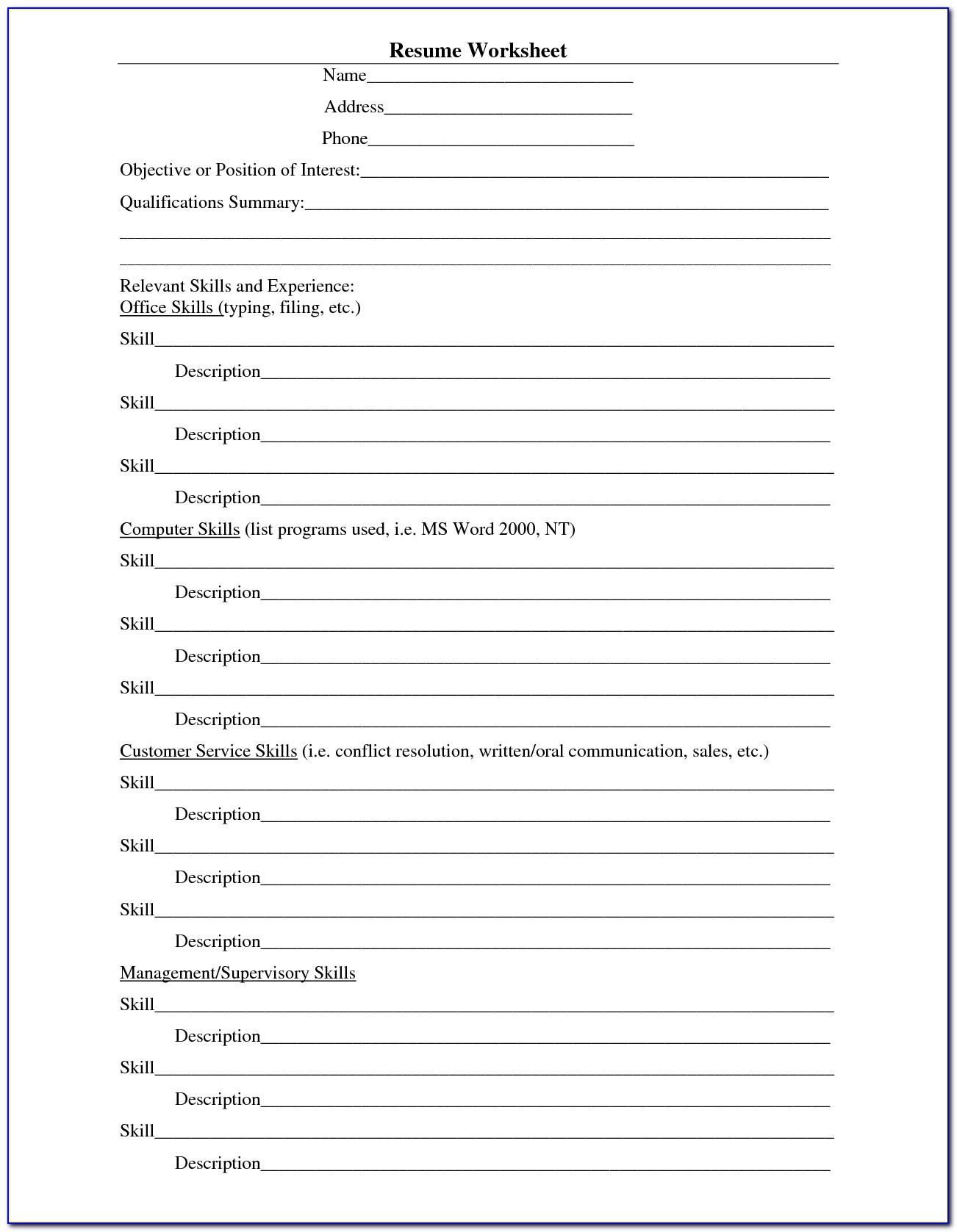 Free Printable Resumes Fill In The Blank