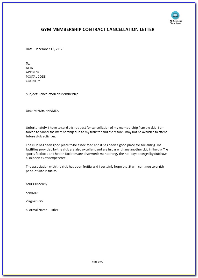 Gym Membership Cancellation Letter Sample