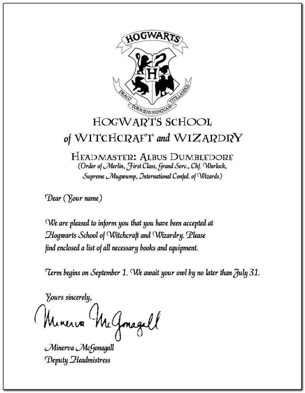 Harry Potter Acceptance Letter Template Font