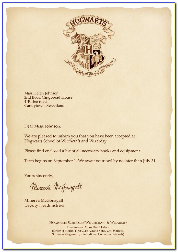 Hogwarts Acceptance Letter Envelope Template Printable