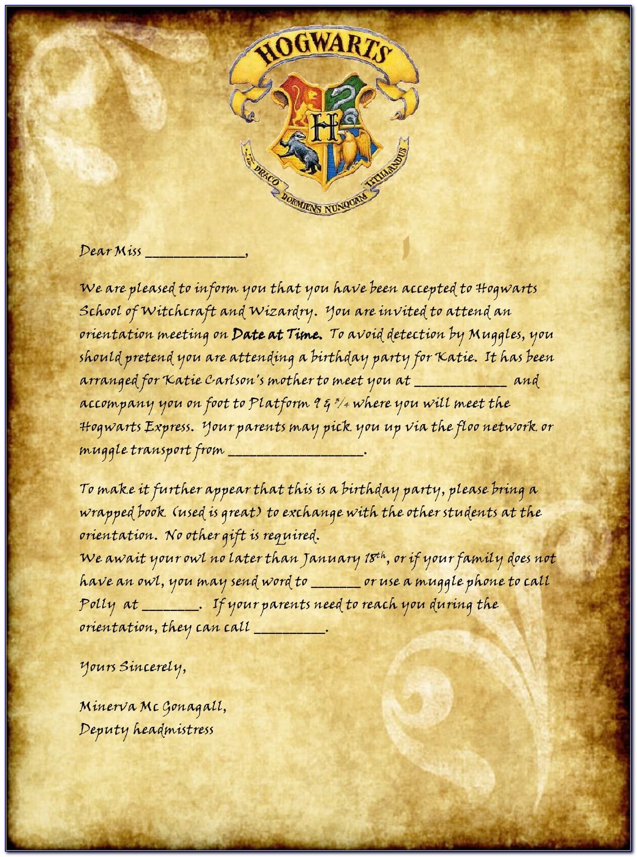 Hogwarts Acceptance Letter Template Google Docs