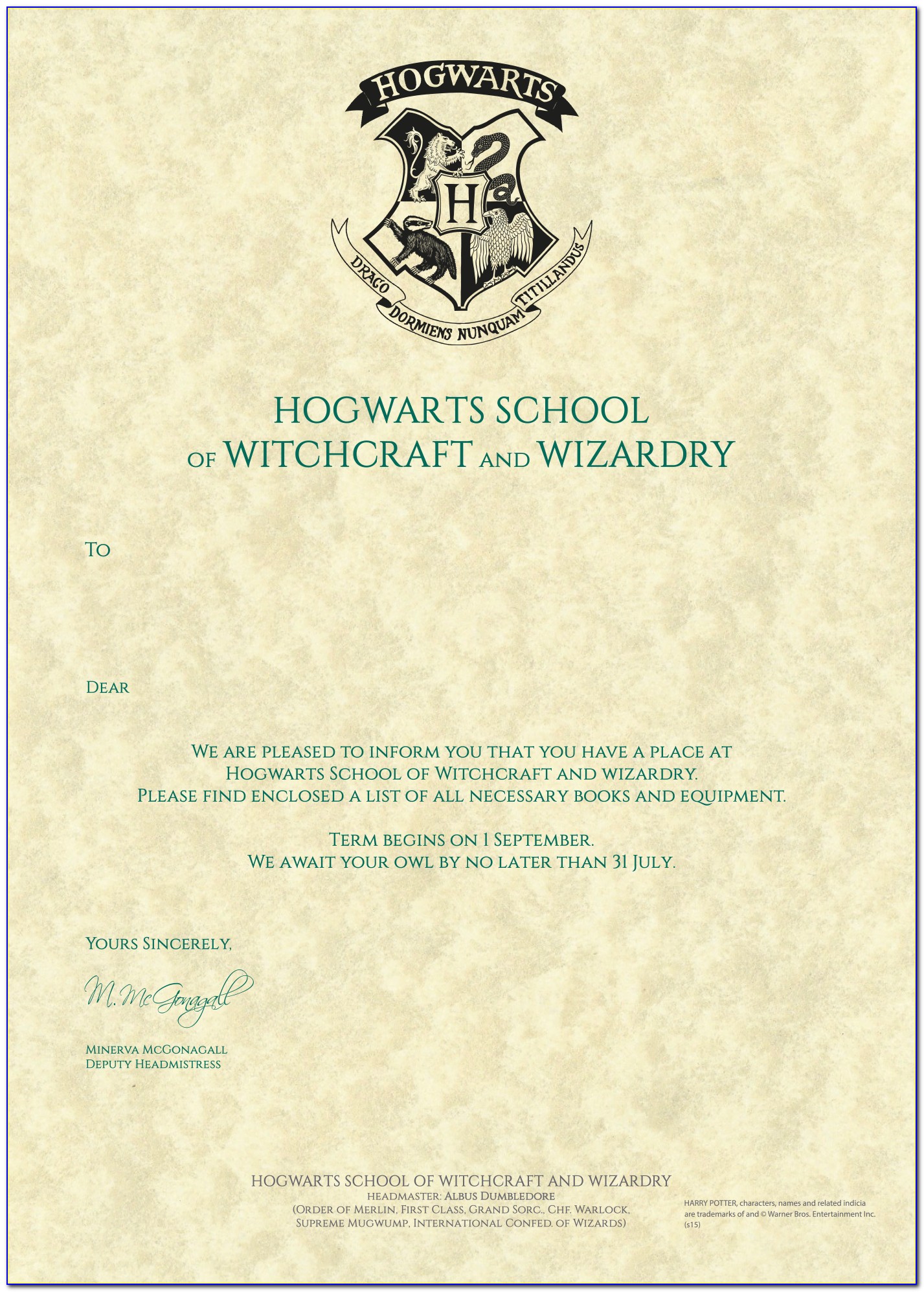 Hogwarts Acceptance Letter Template Printable Free