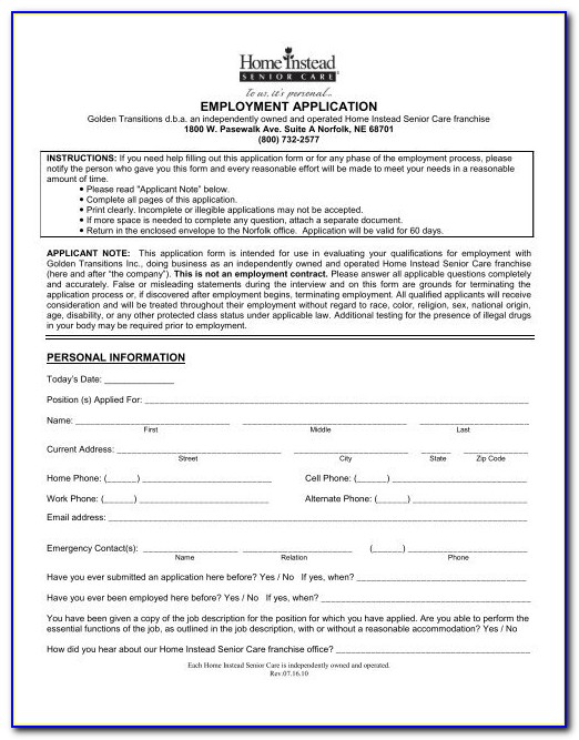 Home Instead Job Application Form