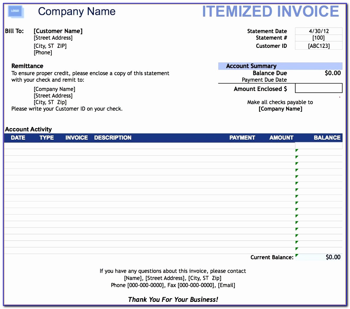 Itemized Invoice Template Excel