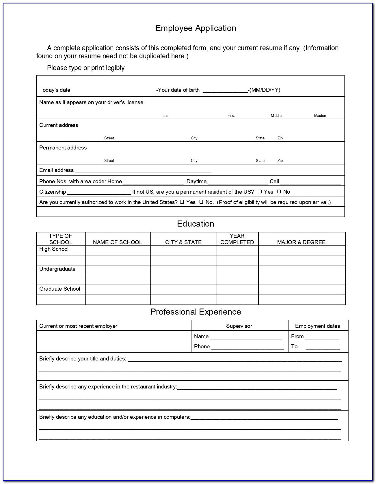 Job Application Form Template Word Download