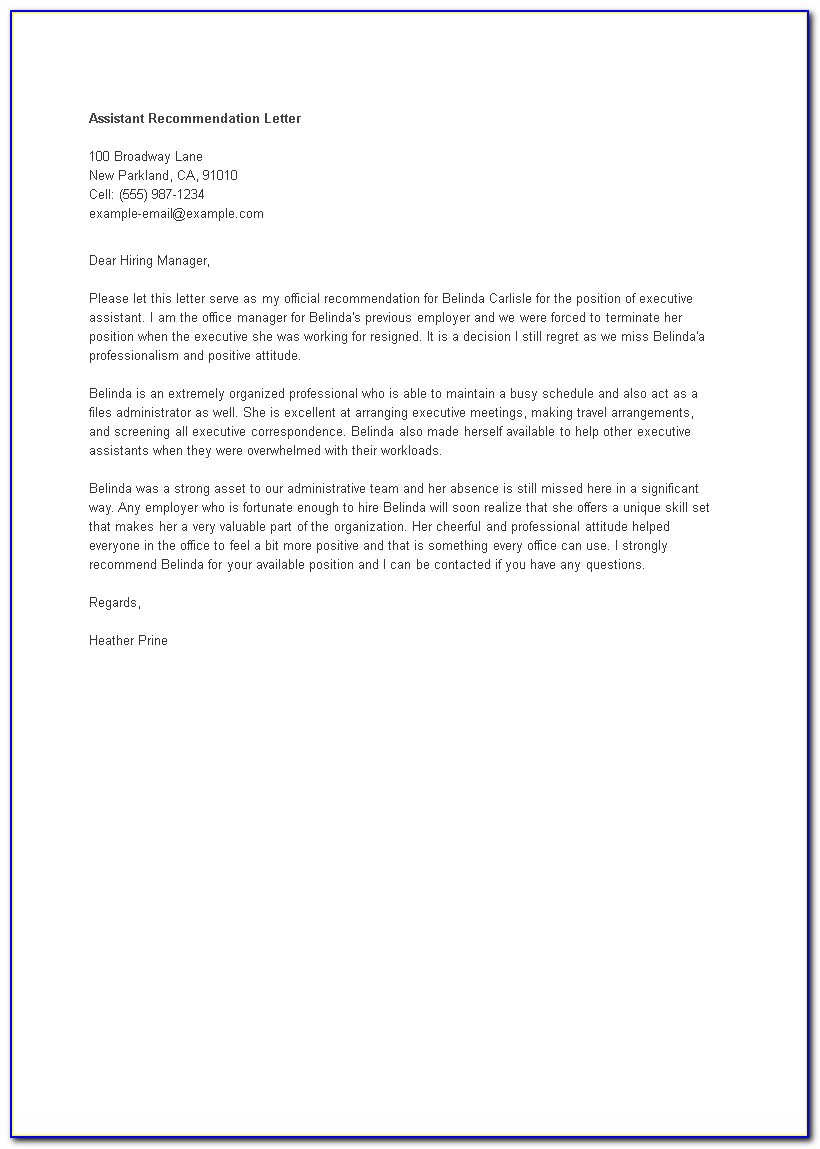 Job Recommendation Letter For Administrative Assistant