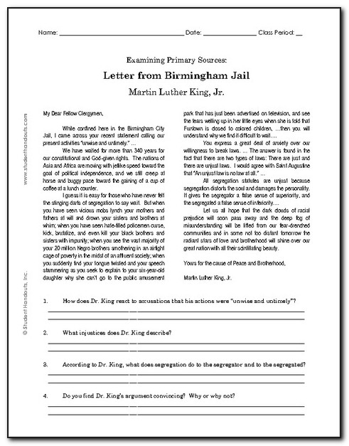 Letter From Birmingham Jail Comprehension Questions