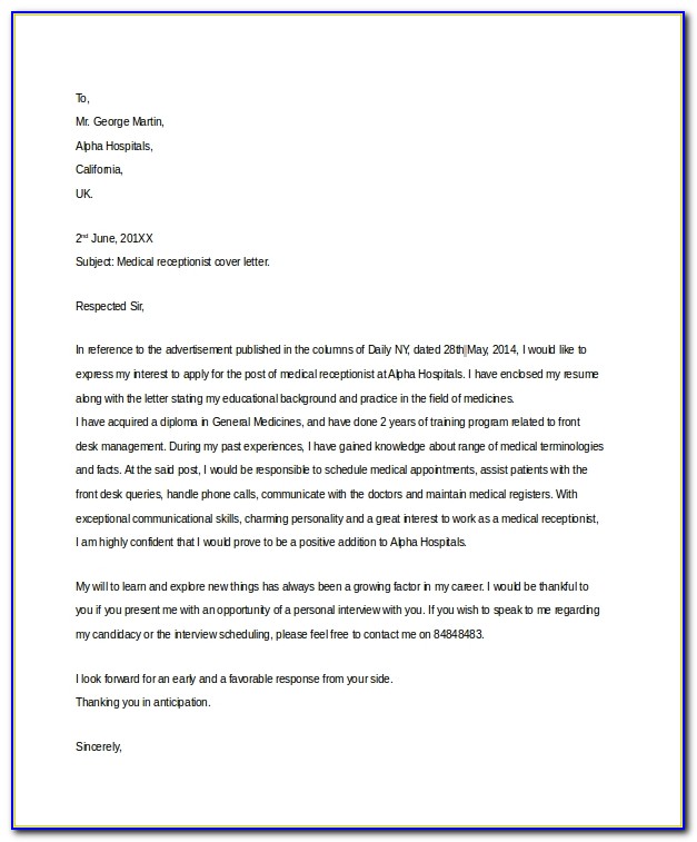 Medical Receptionist Cover Letter Example