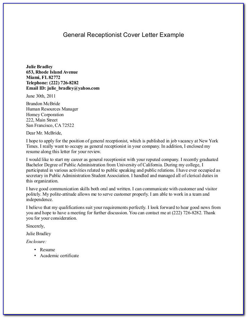 Medical Receptionist Cover Letter No Experience
