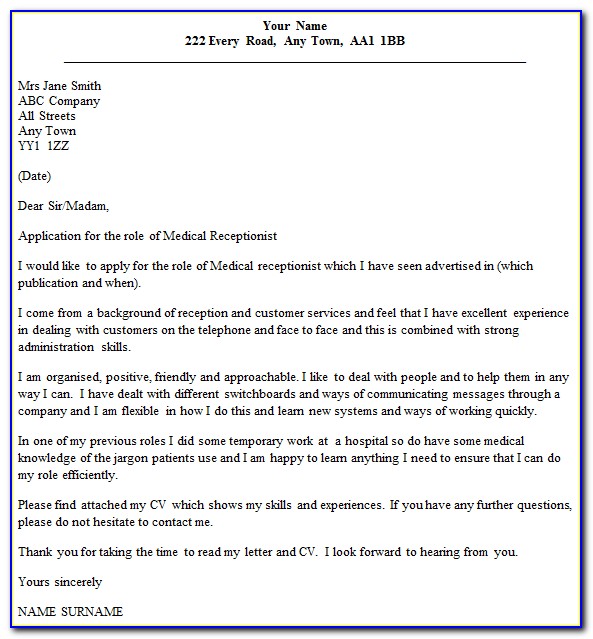 Medical Receptionist Cover Letter Sample No Experience