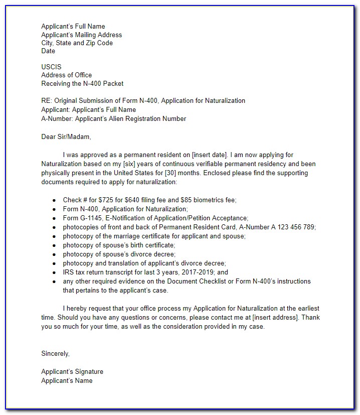 N400 Cover Letter Template