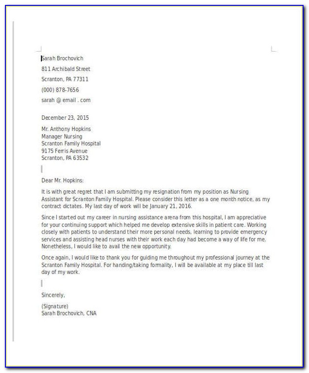 Nursing Cna Resignation Letter