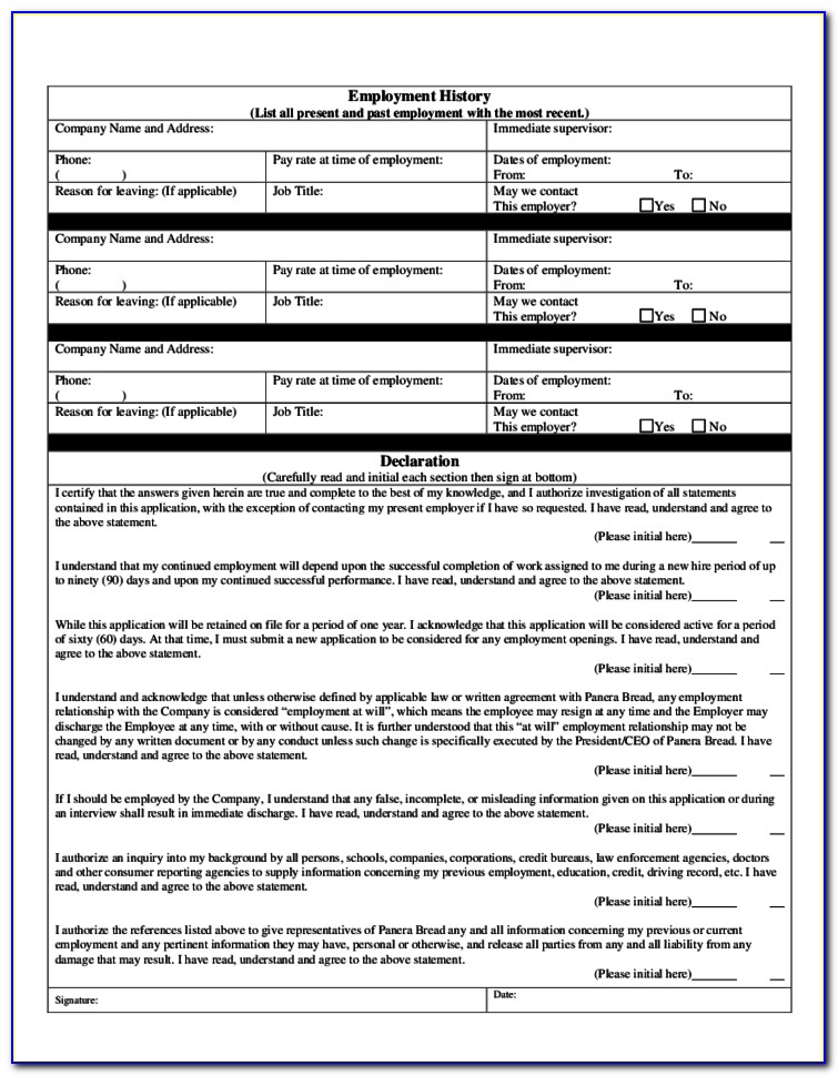 Panera Bread Job Application Form