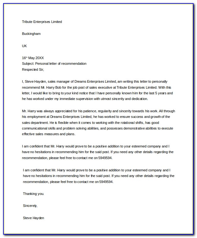 Personal Recommendation Letter Template Word