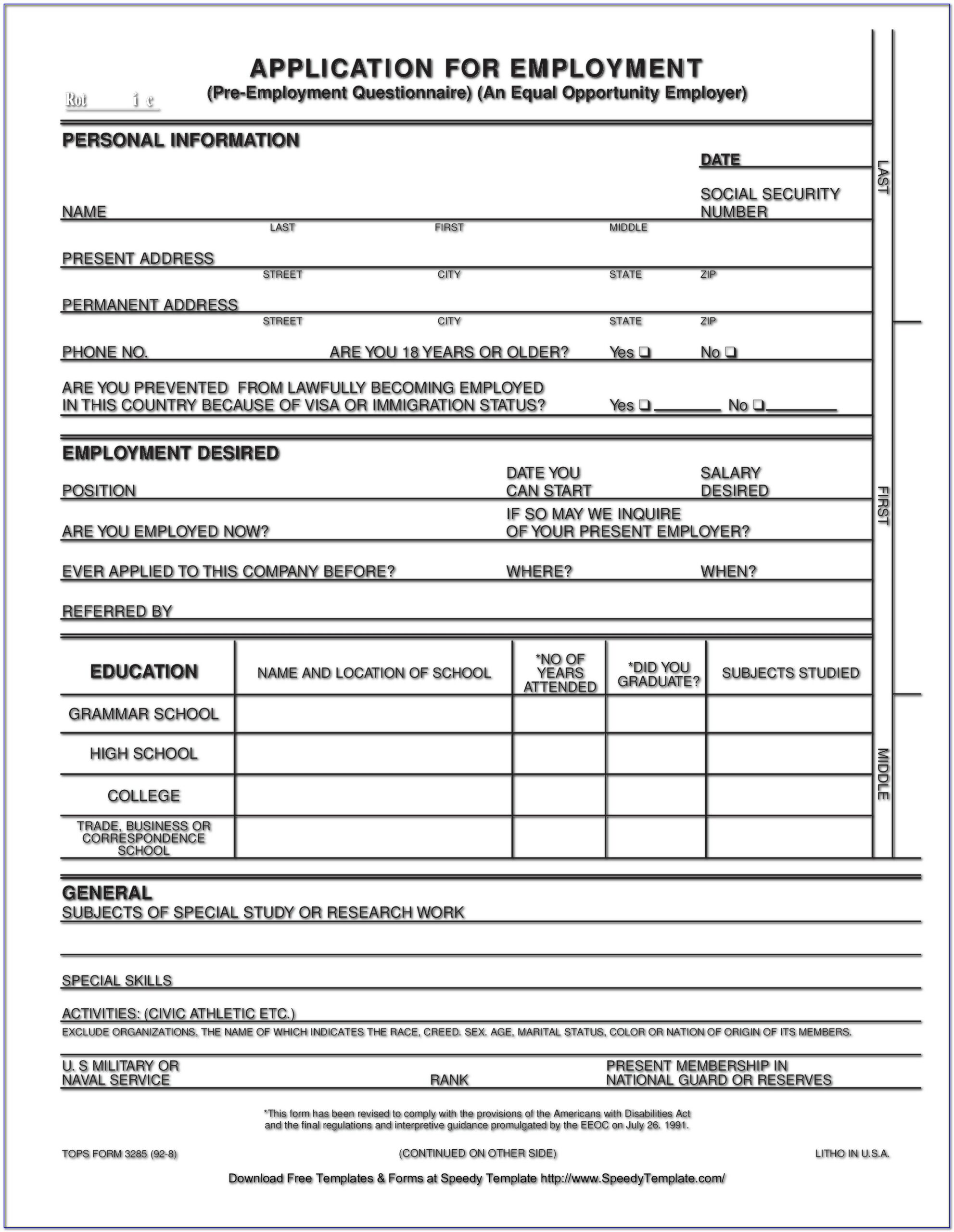 Printable Blank Job Application Form Word Document