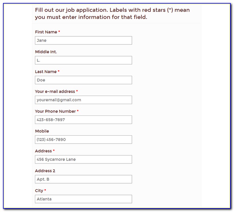 Printable Generic Job Application Form