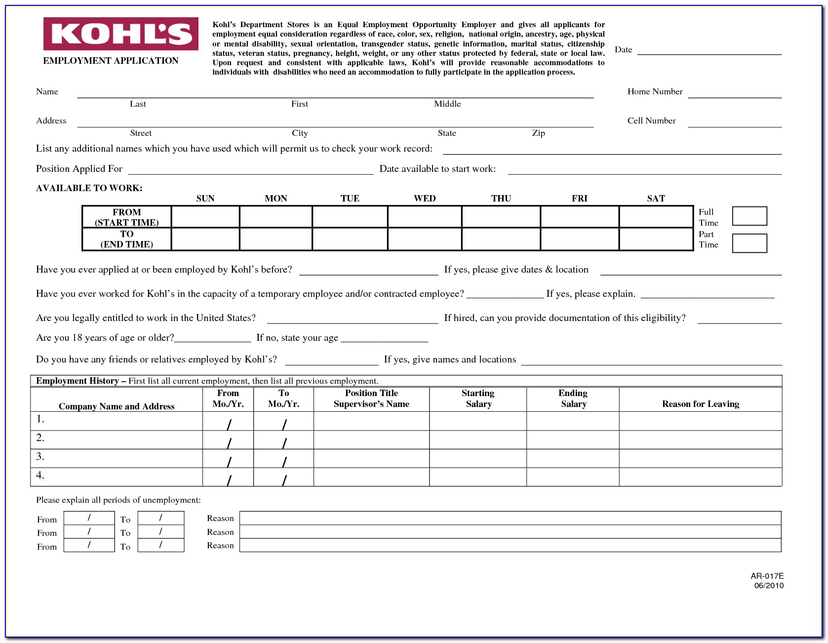 Printable Job Application Form For Kfc