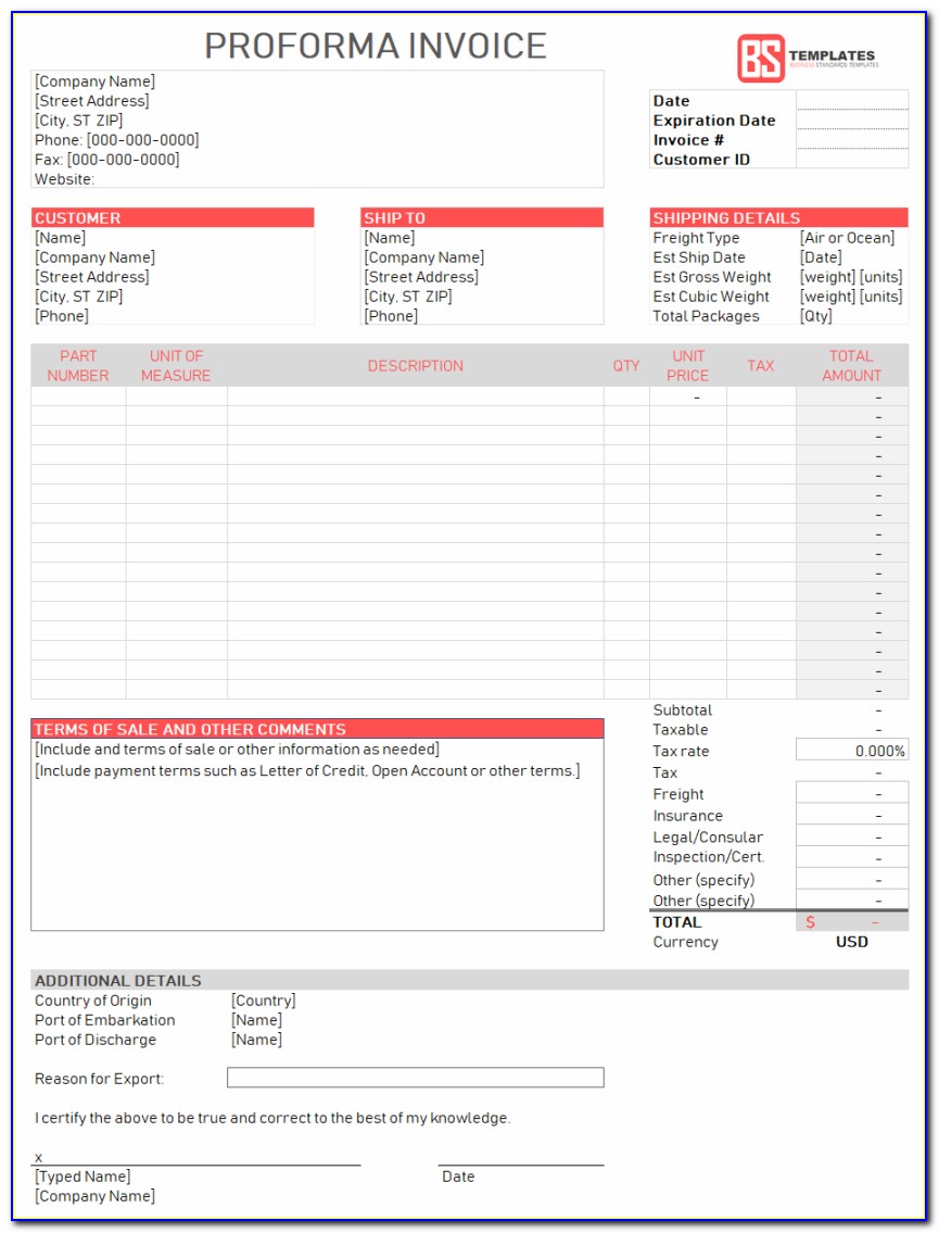 Proforma Invoice Sample Format