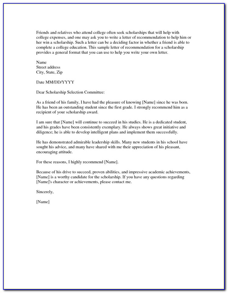 Recommendation Letter For Scholarship From Family Friend Template
