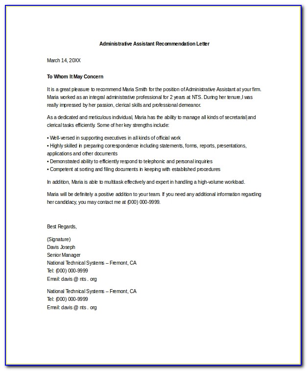 Reference Letter For Administrative Assistant Sample