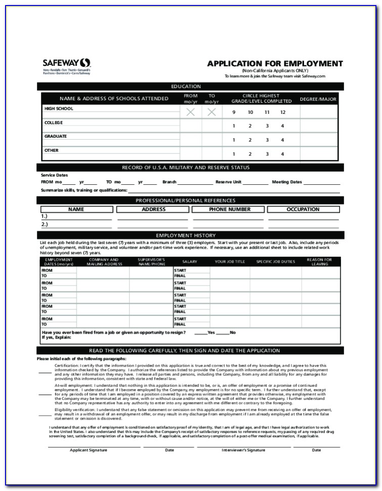 Safeway Job Application Form Online