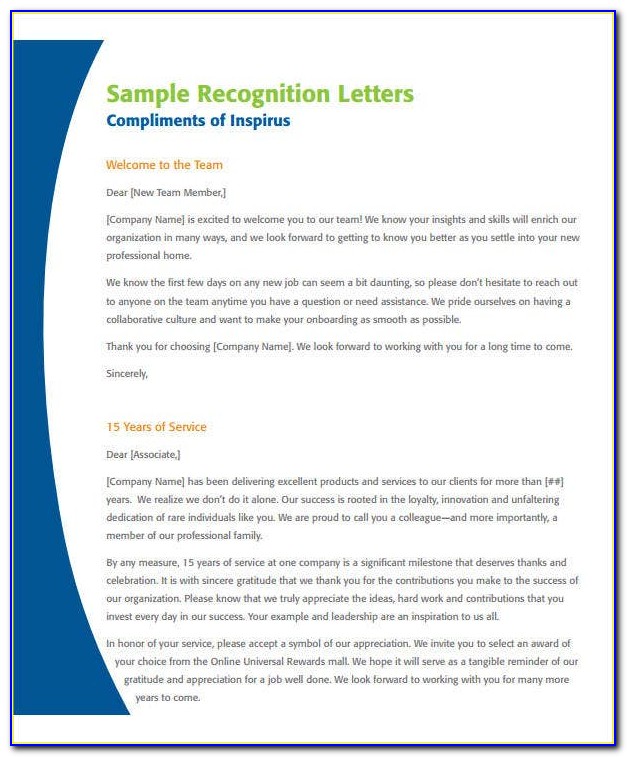 Sample Employee Recognition Award Letters