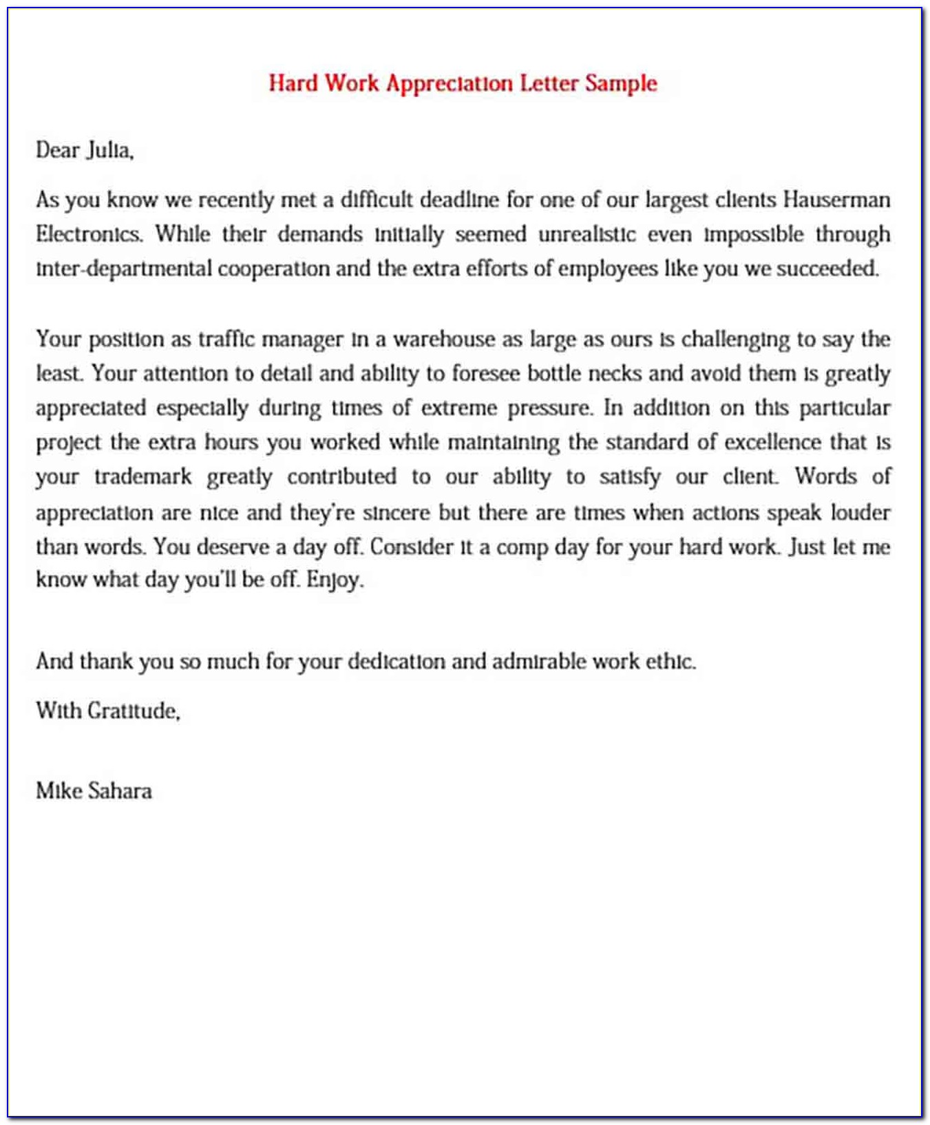 Sample Employee Recognition Letter For Hard Work