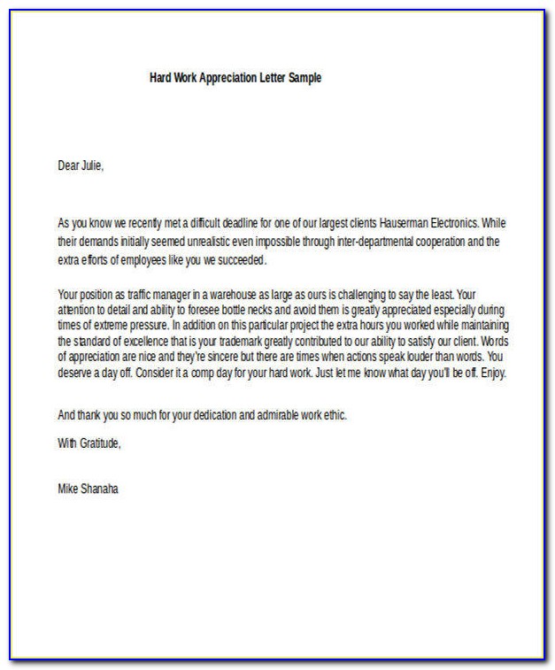 Sample Employee Recognition Letter To Manager