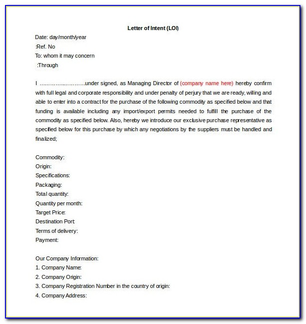 Sample Letter Of Intent Template Word