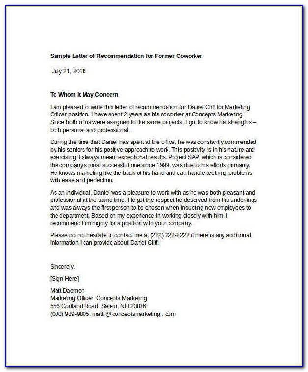 Sample Letter Of Recommendation For Coworker Pdf