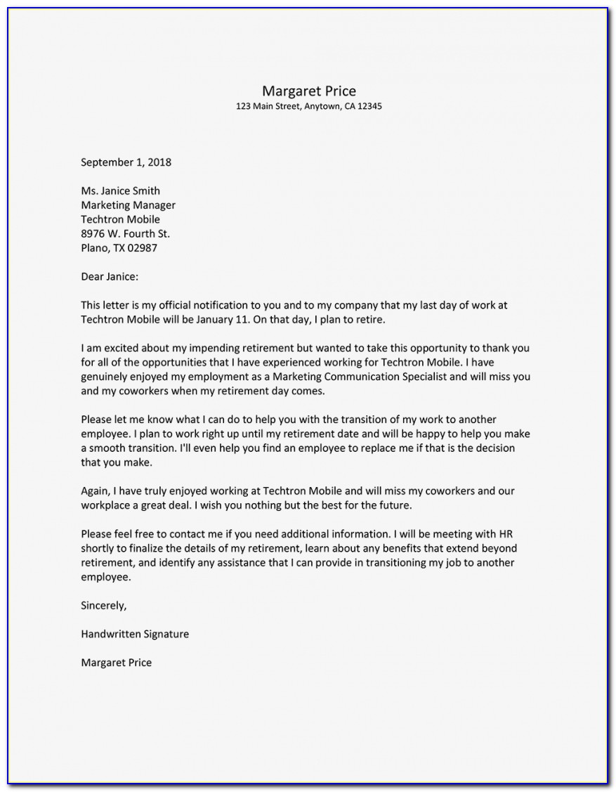 Sample Retirement Resignation Letter For Teachers
