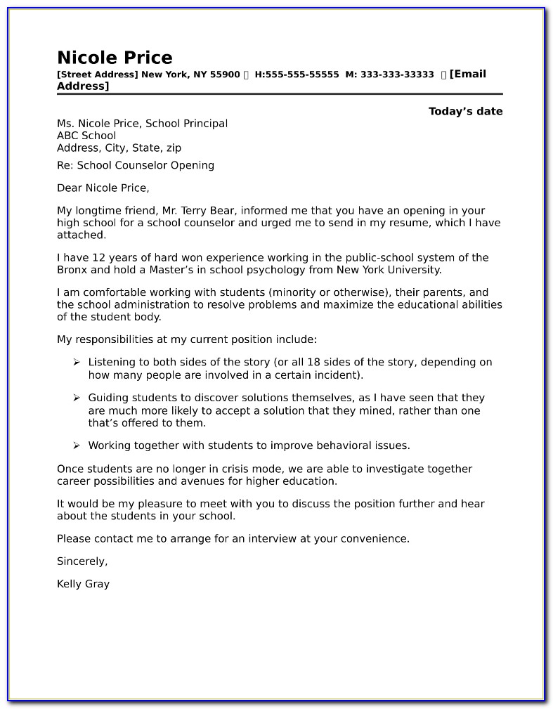 School Counselor Cover Letter For Resume