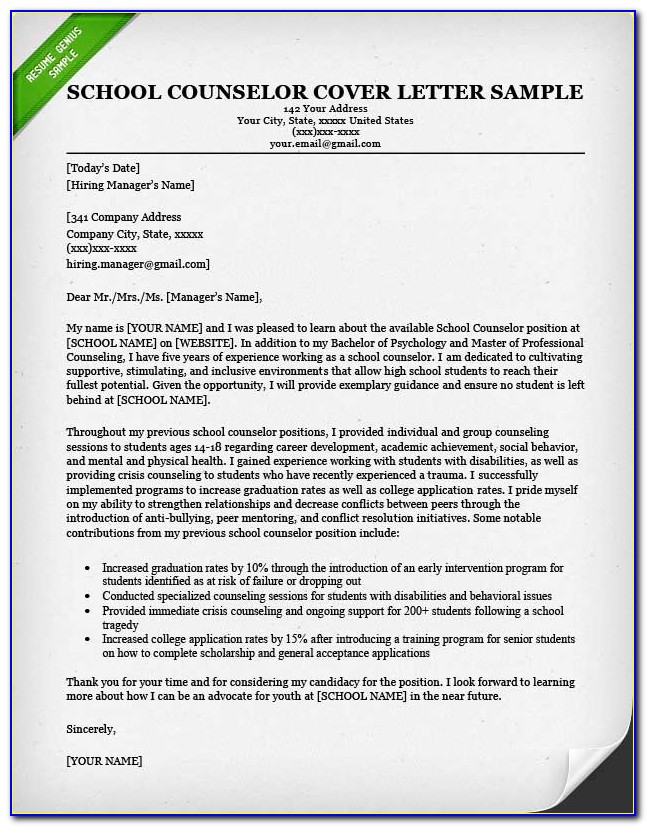 School Counselor Cover Letter Pdf