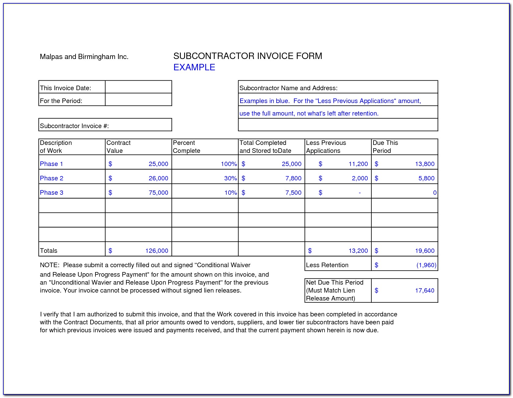 Subcontractor Invoice Template Word