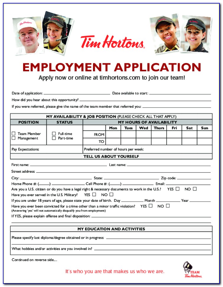 Tim Hortons Job Application Form Print