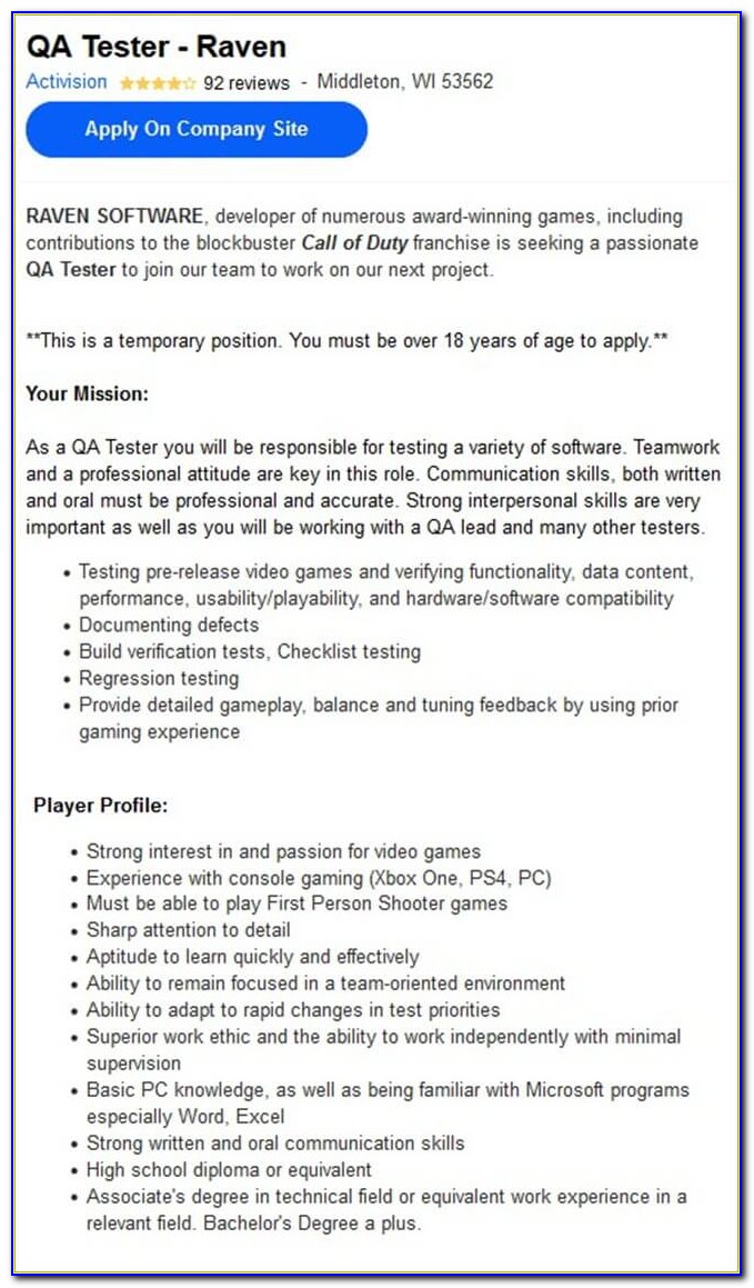 Video Game Tester Application