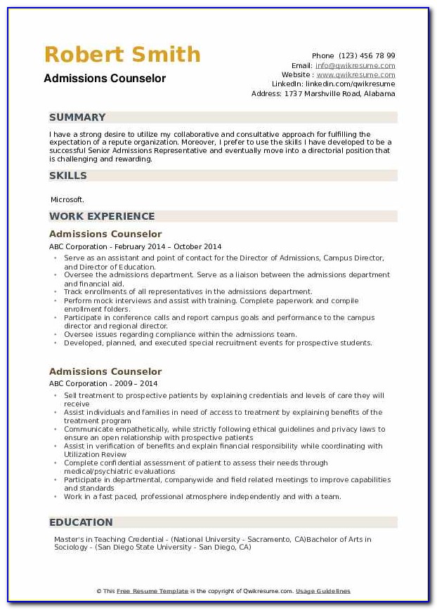 College Admissions Counselor Resume