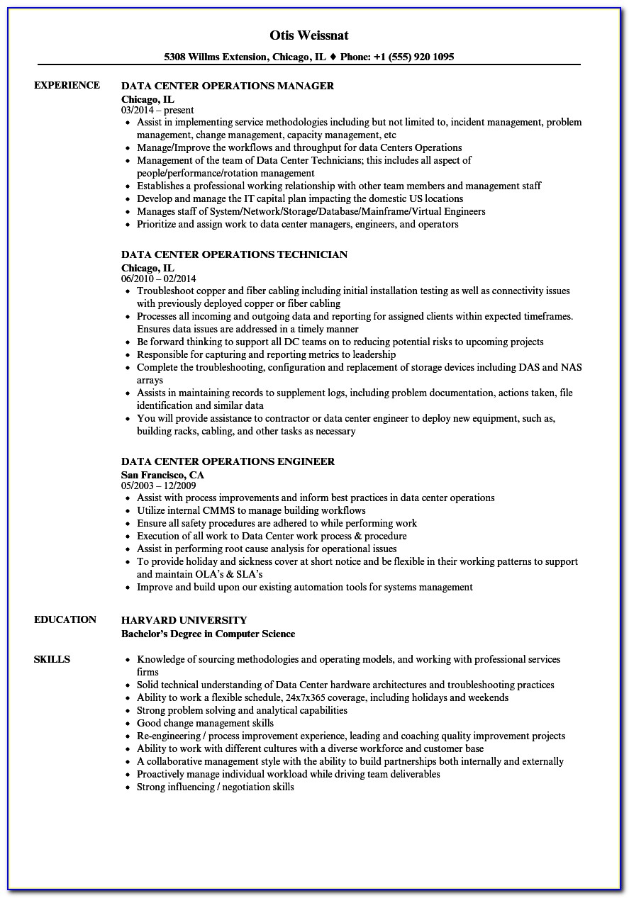 Data Center Manager Resume Examples