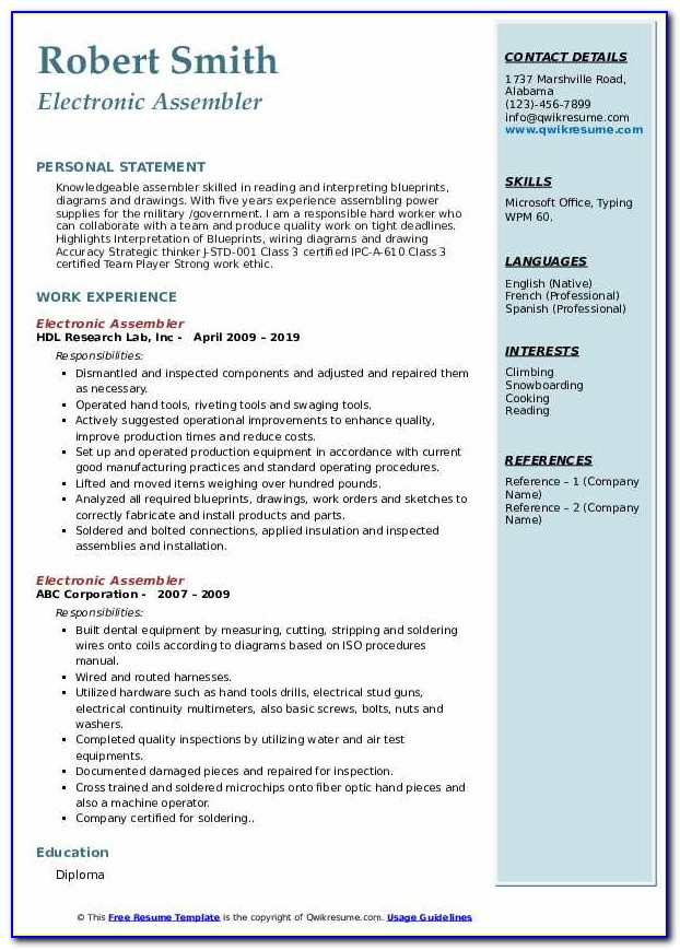 Electronic Assembler Resume Examples